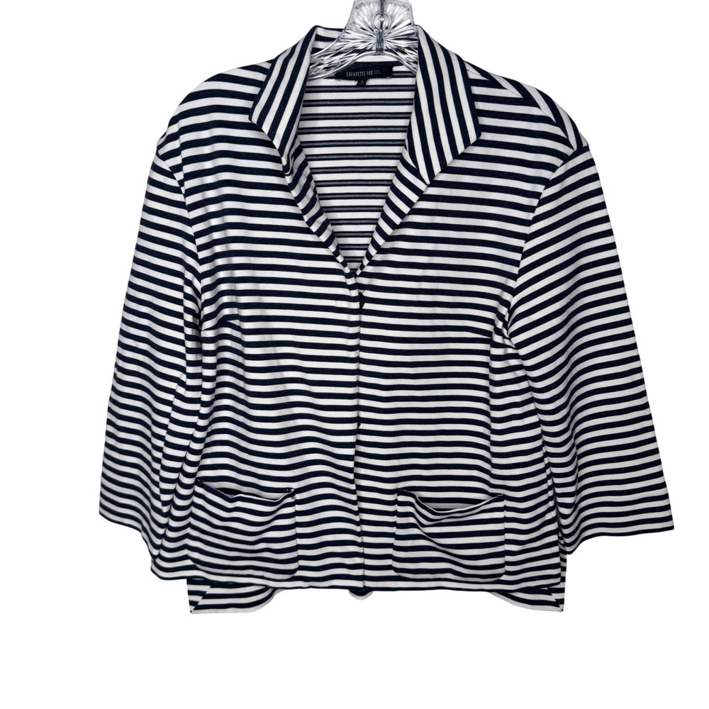 LAFAYETTE 148 NEW YORK Navy White‎ Striped Open Front Blazer Jacket Womens S